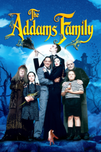 The Addams Family poster, a family of seven looking spooky in front of a blue sky and the moon.