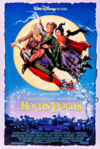 Hocus Pocus poster, three witches flying on broomsticks.