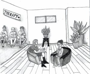 a black and white line drawing of a therapy session. Two people sit in chairs, talking.