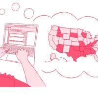 A drawing of a teenage girl filling out a college application . A thought bubble comes out of the computer and shows a map of the United States where the states where abortion is banned are shaded in dark pink. The drawing is done is shades of pink with a white background.