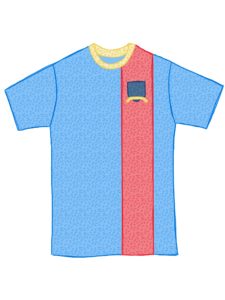 A blue soccer jersey with a red stripe and yellow collar.