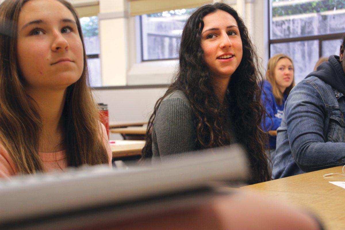 Zivit "Zivi" Spector, pictured right,  helps to brainstorm infographics for the Grant Yearbook, which she is an active member of.