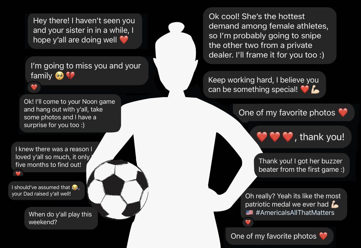 A white silhouette of a soccer player against a black background. Images of inappropriate Instagram messages from Watkins.