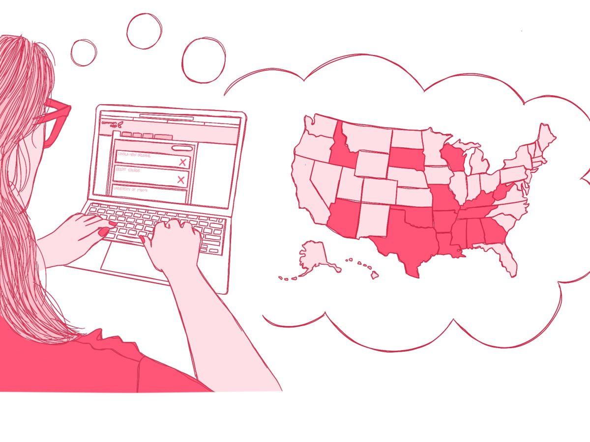 A drawing of a teenage girl filling out a college application . A thought bubble comes out of the computer and shows a map of the United States where the states where abortion is banned are shaded in dark pink. The drawing is done is shades of pink with a white background.