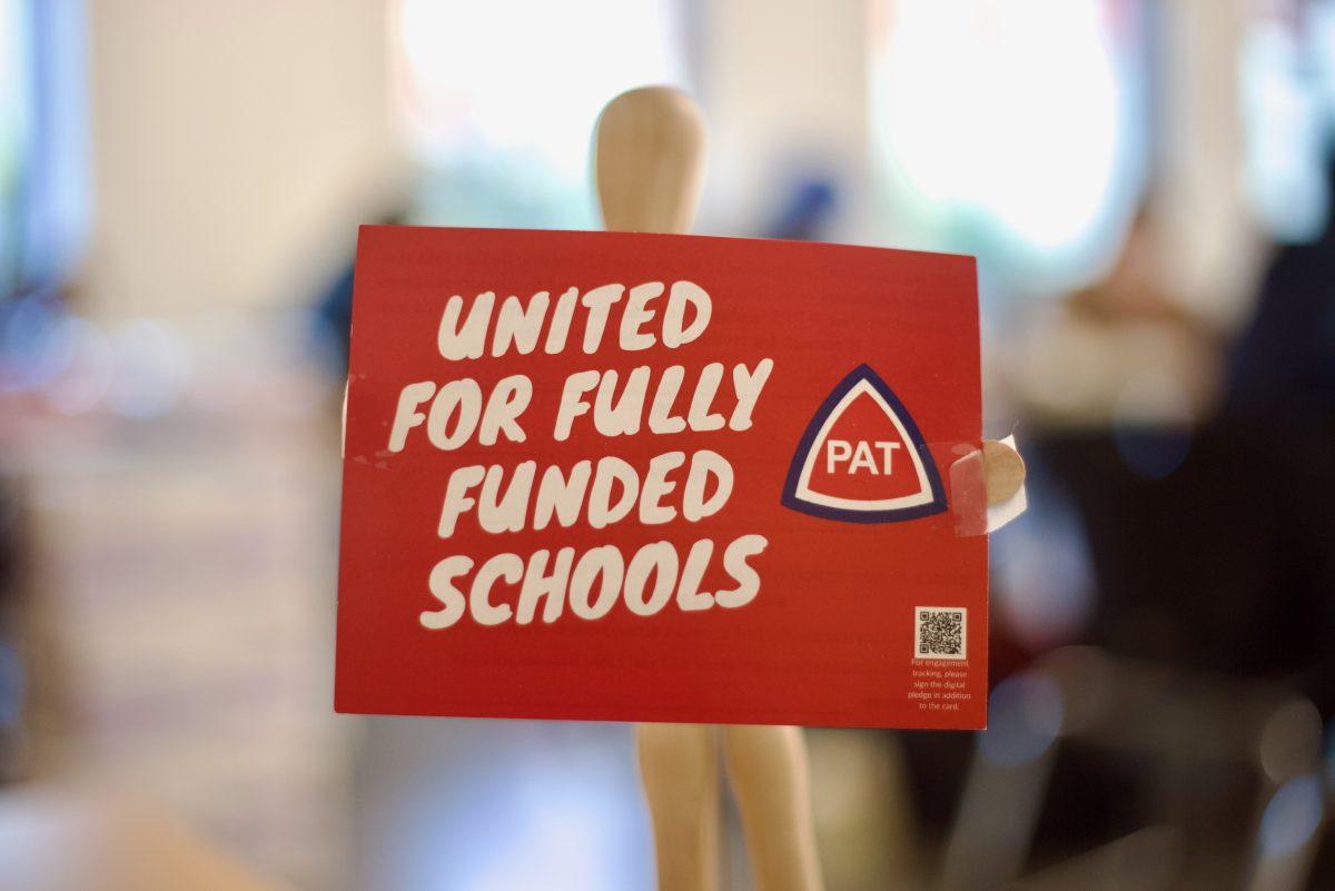 A Portland Association of Teachers support sign in Grant High School English teacher Scott Blevins’ classroom.