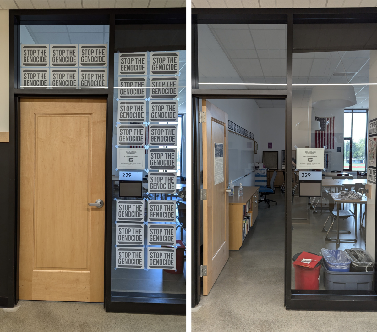 The exterior of Grant High School social studies teacher Jeremy Reinholt’s classroom before and after his “Stop the Genocide” posters were taken down.