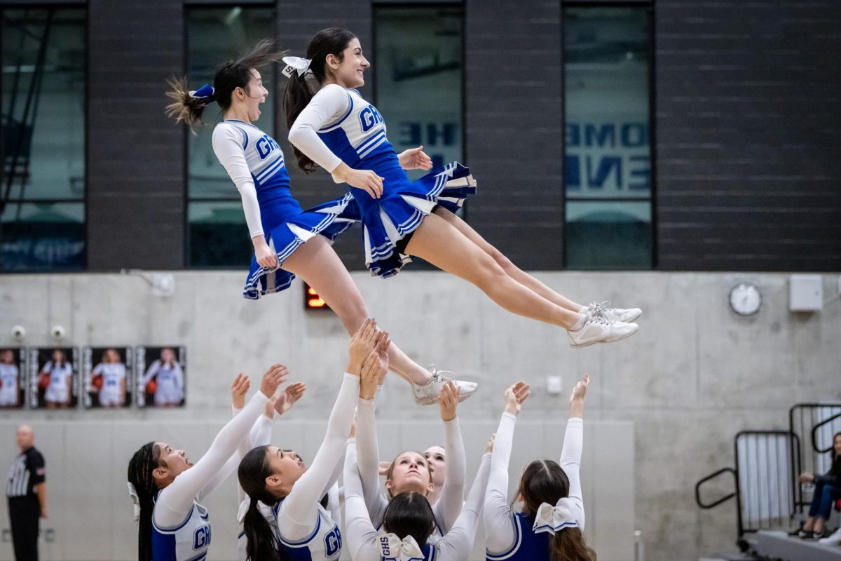 Grant High School’s cheerleading team performing at a Grant girls versus Jefferson game in January 2025.