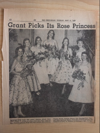 Photos of past Rose Princesses line Grant’s north hallway. Grant has participated in this tradition for
at least 97 years; its inaugural Rose Festival Queen, Dorothy Hardin, was chosen in 1937. A past student
saved a clipping of the Oregonian documenting this tradition between the pages of a 1956 yearbook.